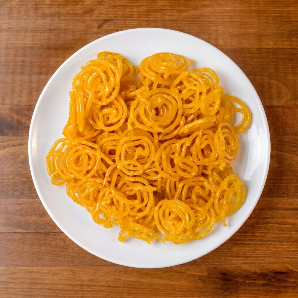 A white plate filled with golden-orange jalebi, a spiral-shaped Indian sweet, on a wooden table.