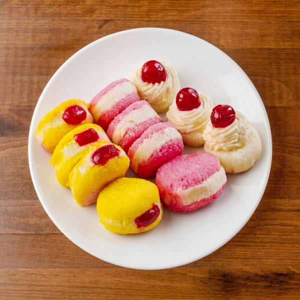 A white plate filled with colorful Indian sweets, including pink, yellow, and cream-colored pastries with cherry toppings.