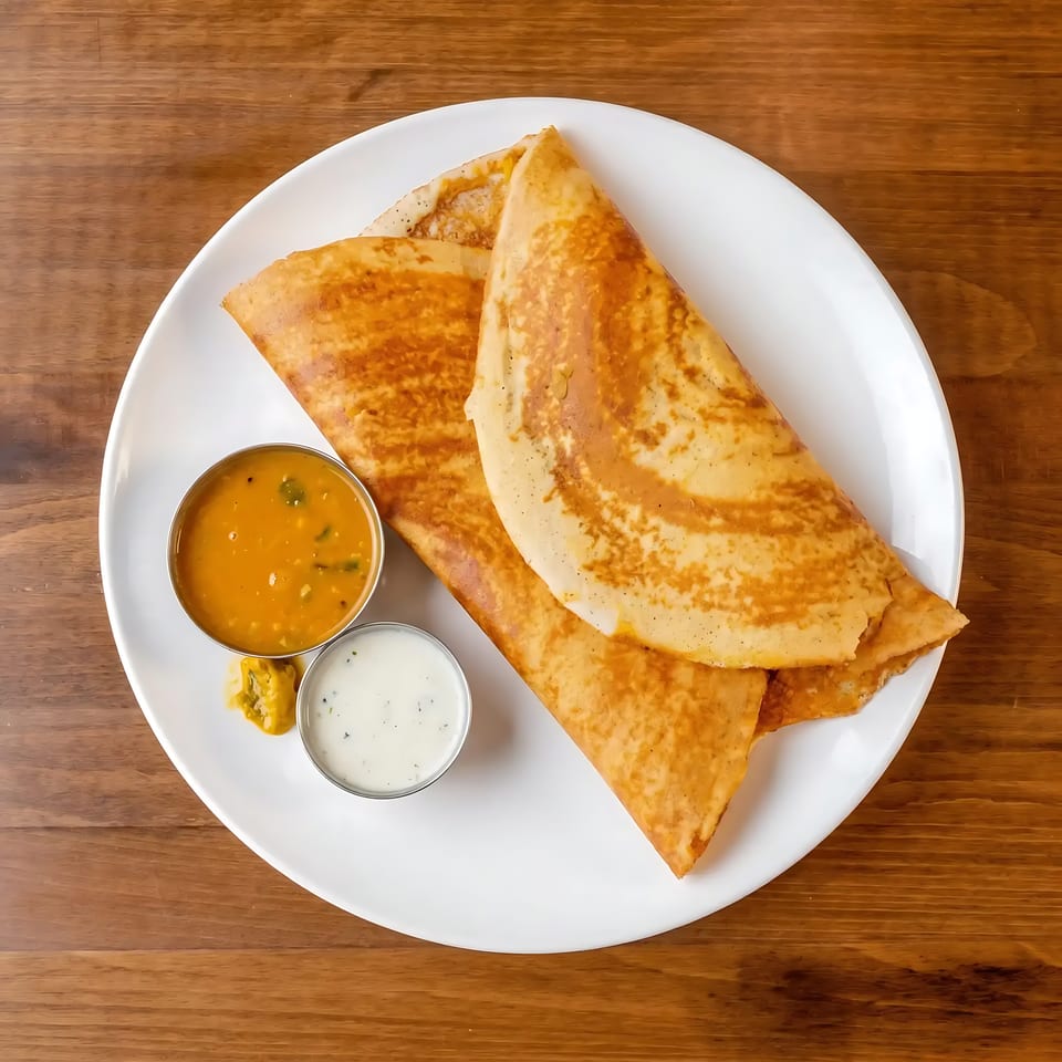 Crispy folded pastries arranged on a white plate with yellow and white dipping sauces on a wooden table.