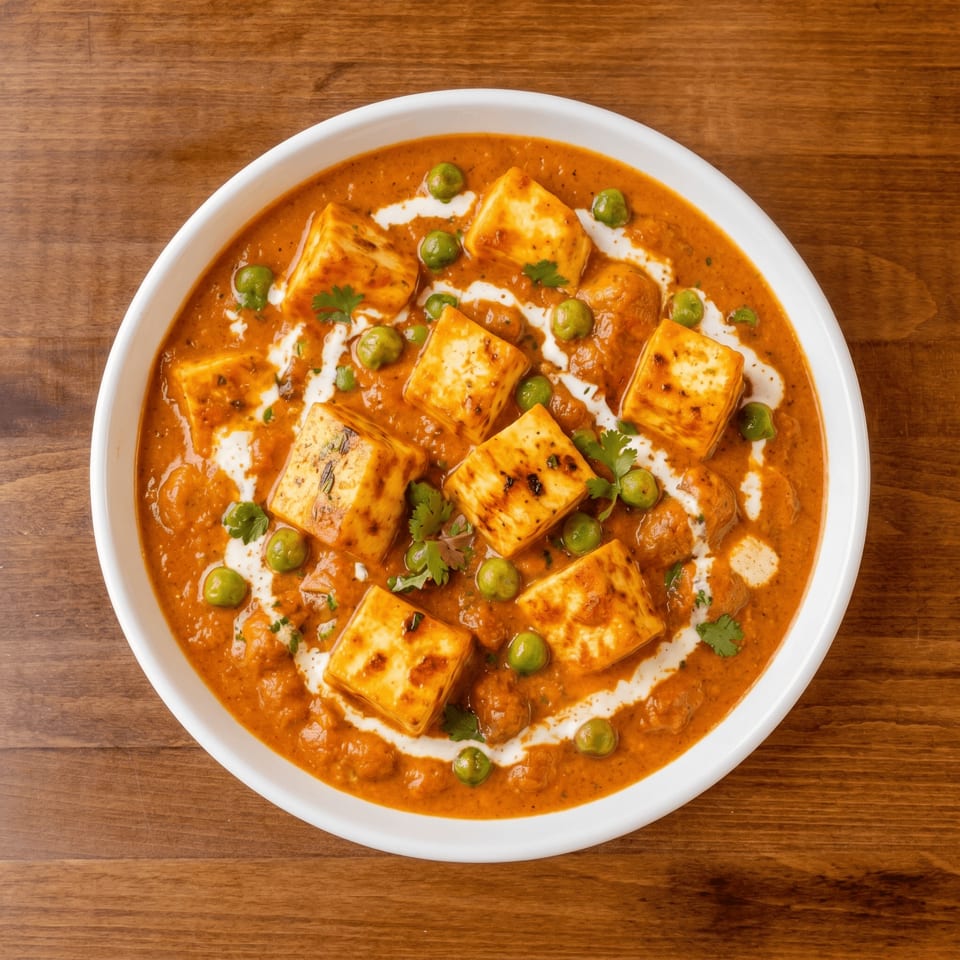 Indian paneer and peas curry in creamy orange sauce, garnished with cilantro and cream in a white bowl.